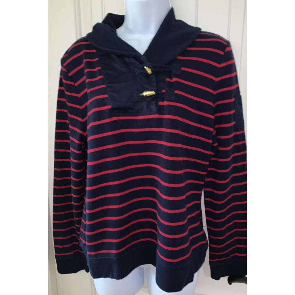 Ralph Lauren LRL Sz Large Pullover Sweater Red Blue Stripe Shawl Collar EUC